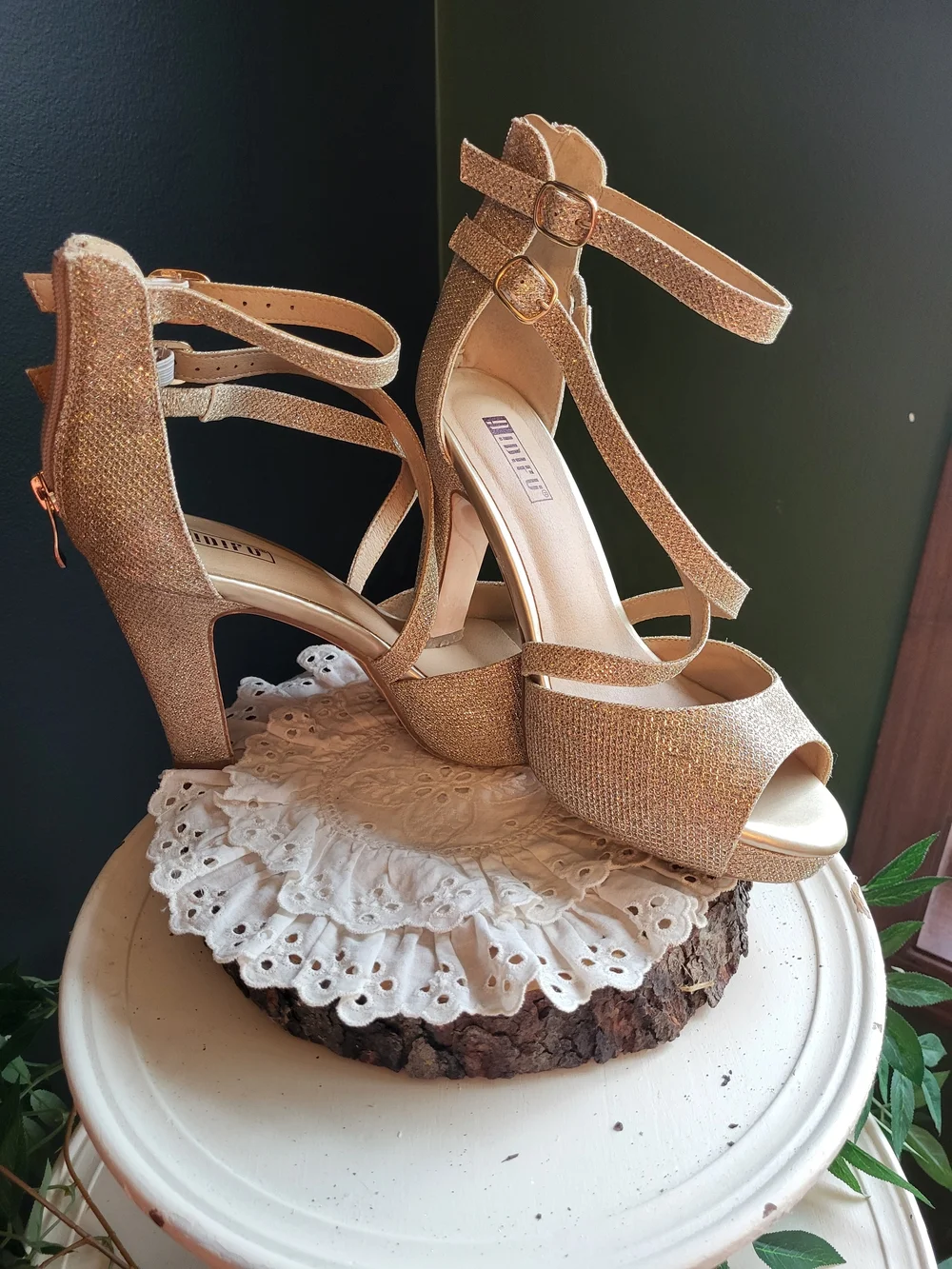 IDIFU Gold Glitter Platform Heels with Double Ankle Straps